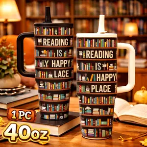 1 Pc 40oz insulated mug, bookshelf reading theme print, cozy library aesthetic tumbler, double wall vacuum cup, leak proof lid, large capacity thermal mug, keeps hot 12 hours cold 24 hours, gift for book lovers women men, holiday birthday reusable travel