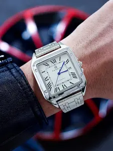 Luxury Santos Tank Watch Men, Calendar Display, Stainless Steel Strap, Elegant Square Dial, High-End Square Quartz Business Casual Fashion Wristwatch