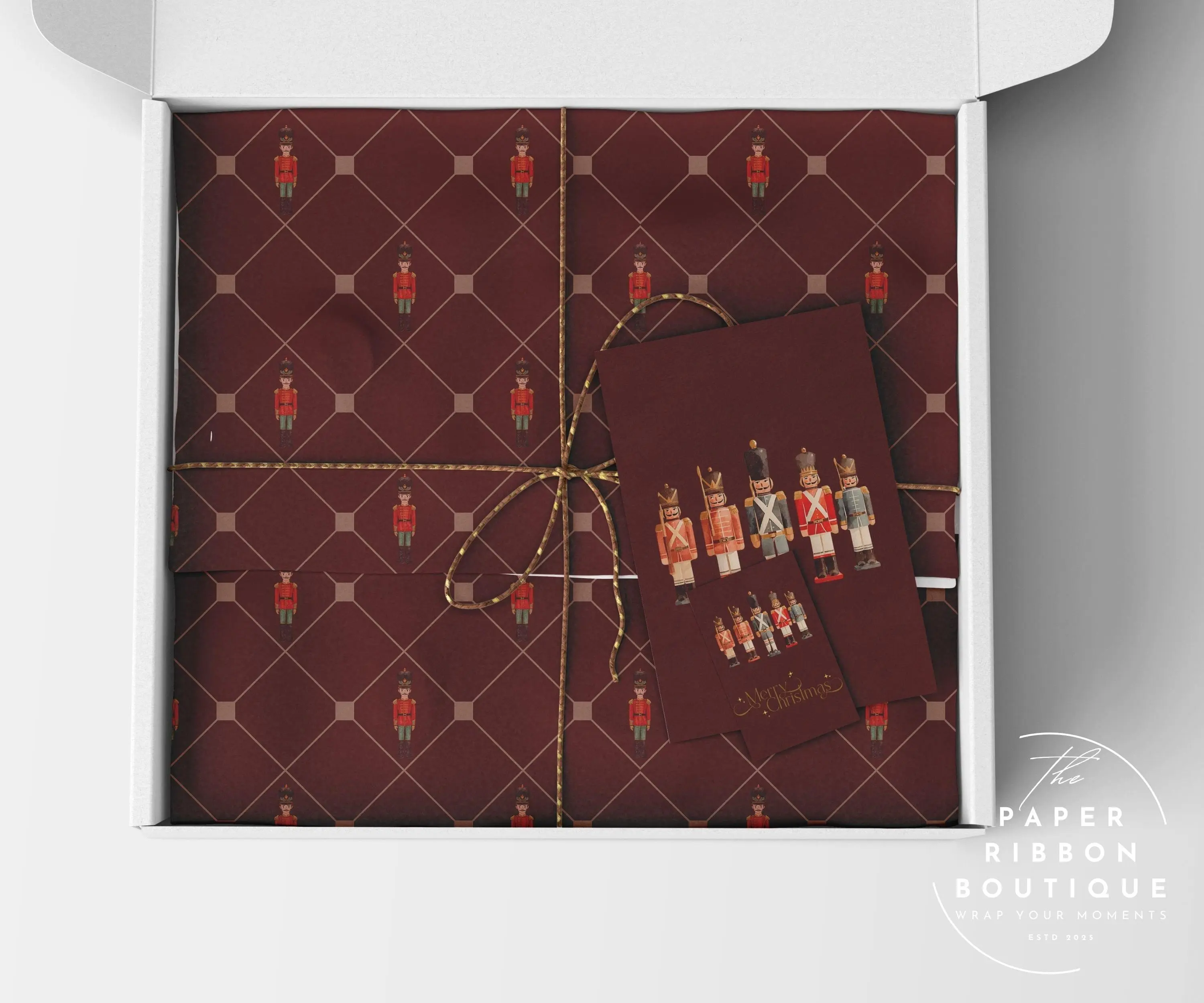 Burgundy Christmas Wrapping Paper with Nutcracker Soldiers & Diamond Pattern | Vintage Holiday Gift Wrap | Matte or Glossy Roll