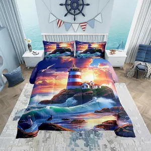 3D Lighthouse Comforter Set,Dreamy SunSet,Sky Bedding Set,Toddler Bedroom Decor Natural Coastal Scenery All Season Quilt Set,Ocean Wave Bedding Comforter Set