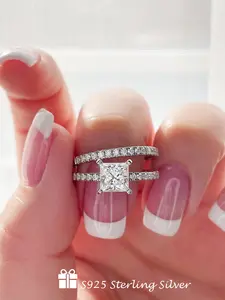 925 Sterling Silver Fashion Square Shaped Artificial Zircon Ring Set Set, Elegant Engagement Ring, Fashion Jewelry Accessories for Women, with Gift Box