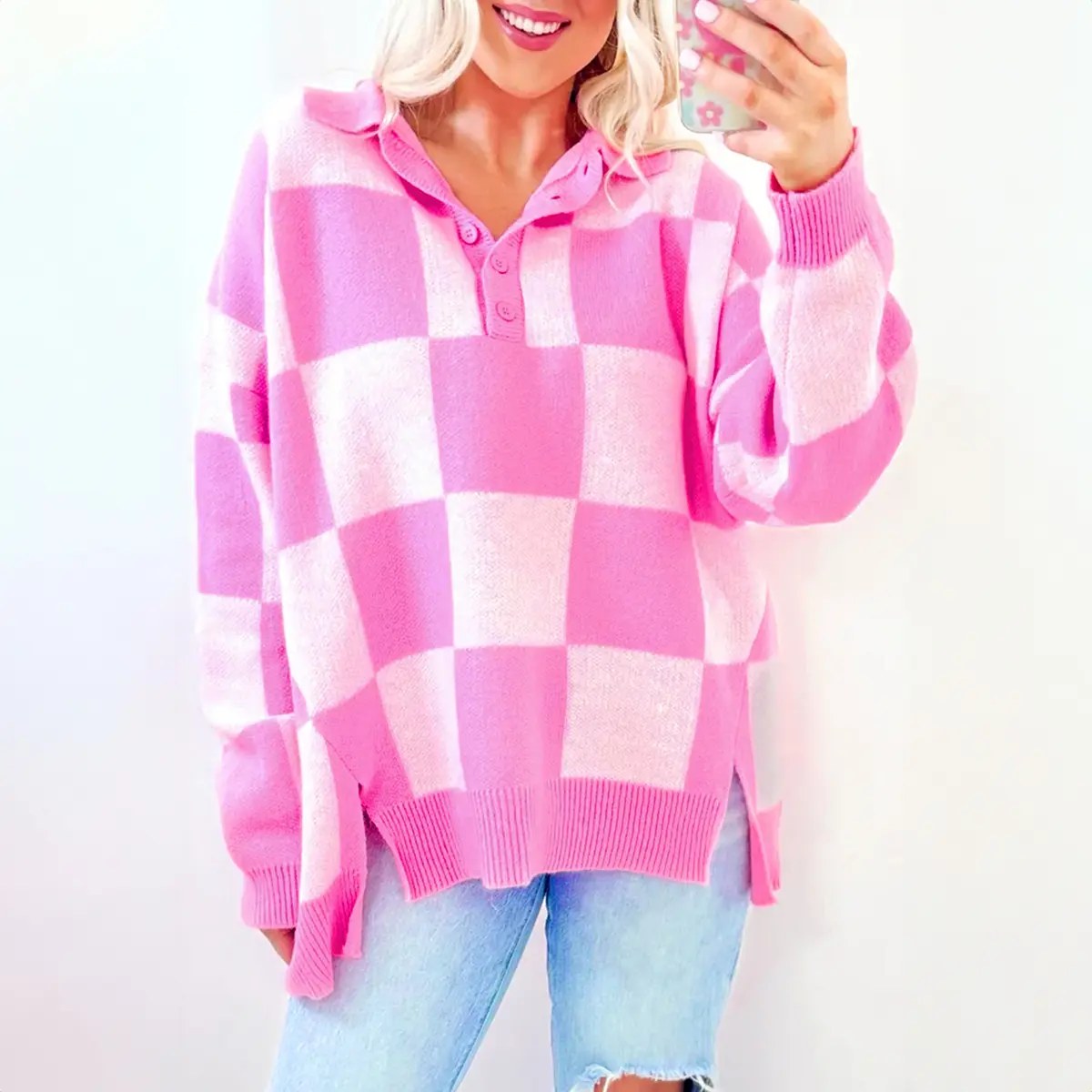 Women's Chic Plaid Polo Sweater, Comfy Relaxed Fit Knitwear with a Side Slit for Regular & Plus Size S-4X, Casual, Tops