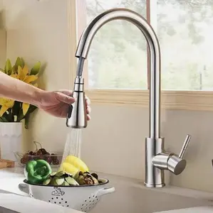 Kitchen Sink Faucet Brushed Nickel Single Handle Swivel Pull Down Sprayer Mixer Tap Modern Stainless Steel
