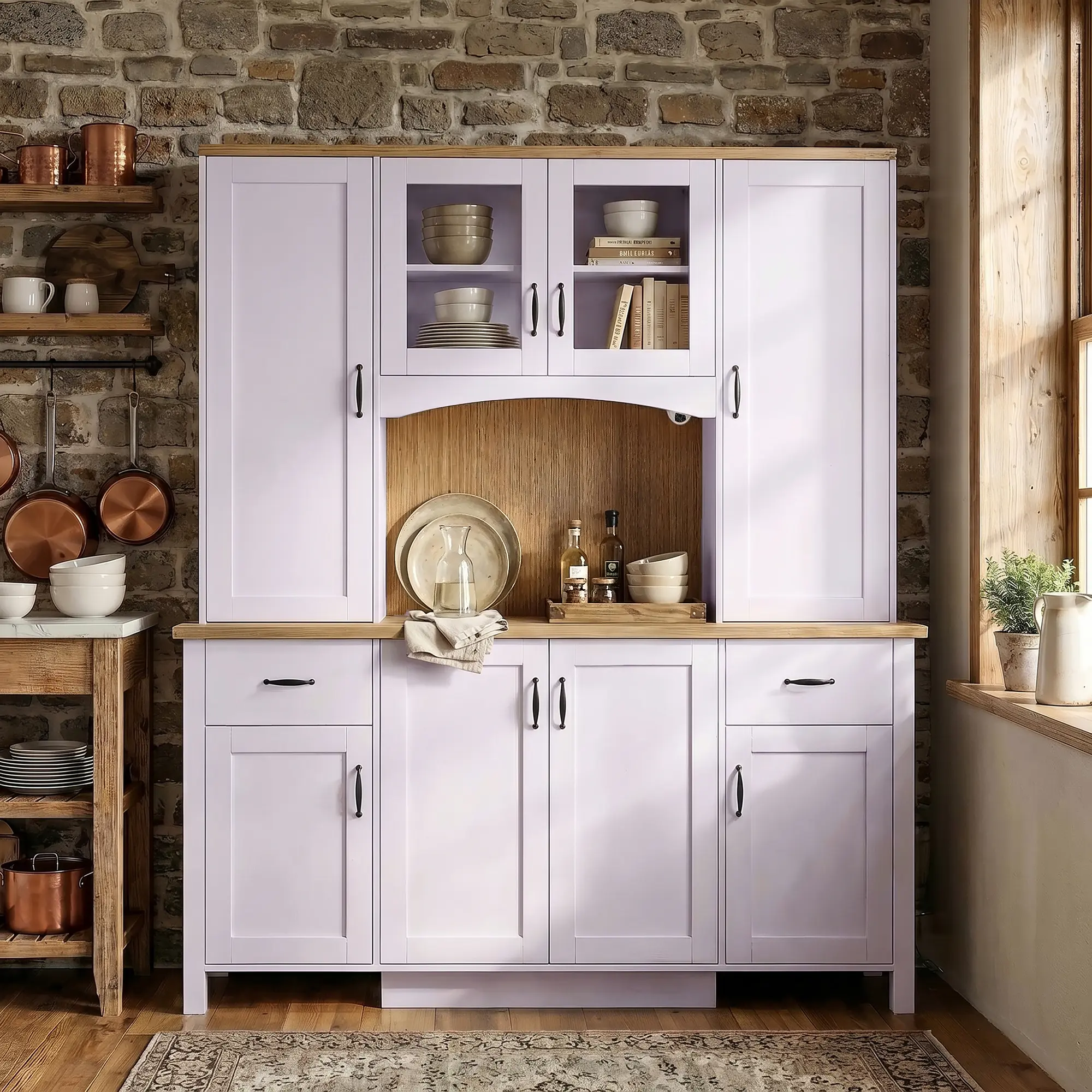 FUFU&GAGA 66.9" Tall Farmhouse Wood Freestanding Kitchen Cabinet with Flat Base, Hutch, Glass Door Upper Buffet, Drawers, Open Counter Space & Food Storage - Multifunctional Storage Furniture Organizer Cabinet