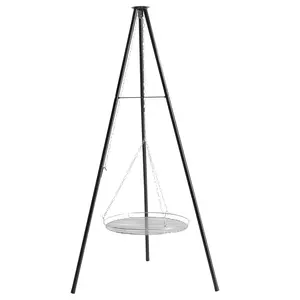 Campfire Tripod Grill Adjustable Height Cooking Grate Heavy Duty Portable Fire Pit BBQ Rack Black