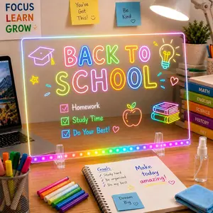 LED Light Up Acrylic Message Board for Kids Students, 13.7"x10" Dry Erase Drawing Board with 7 Colors & 4 Modes, Reusable Glow Memo Board for Back to School, Homework, Bedroom Desk Decor