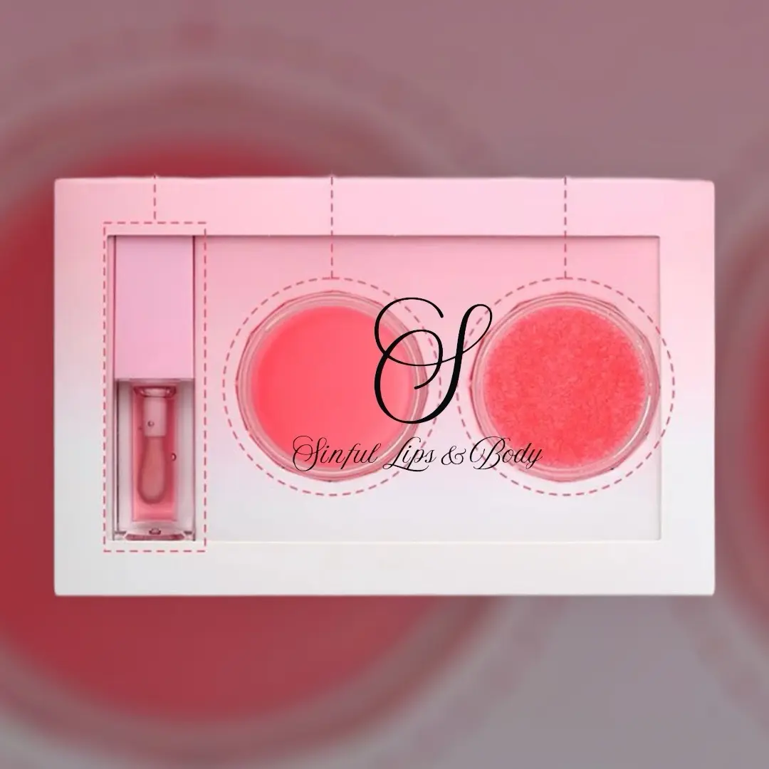 Sinful Lips and Body strawberry lip Trio!  Lip Sugar Scrub, Lip Mask, and Lip Oil in Pink Packaging with Clear Containers Hydrating, Smooth Comfort Moisture. strawberry Scented. Skincare Moisturize