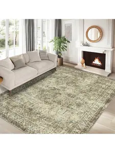 Brown-9*12 feet Vintage Machine Washable Area Rug For Living Room Non Slip Non Shedding Distressed Floral Print Neutral Carpet Low Pile Stain Resistant Indoor Foldable Floor Cover For Living Room Bedroom Kitchen Playroom Under Table