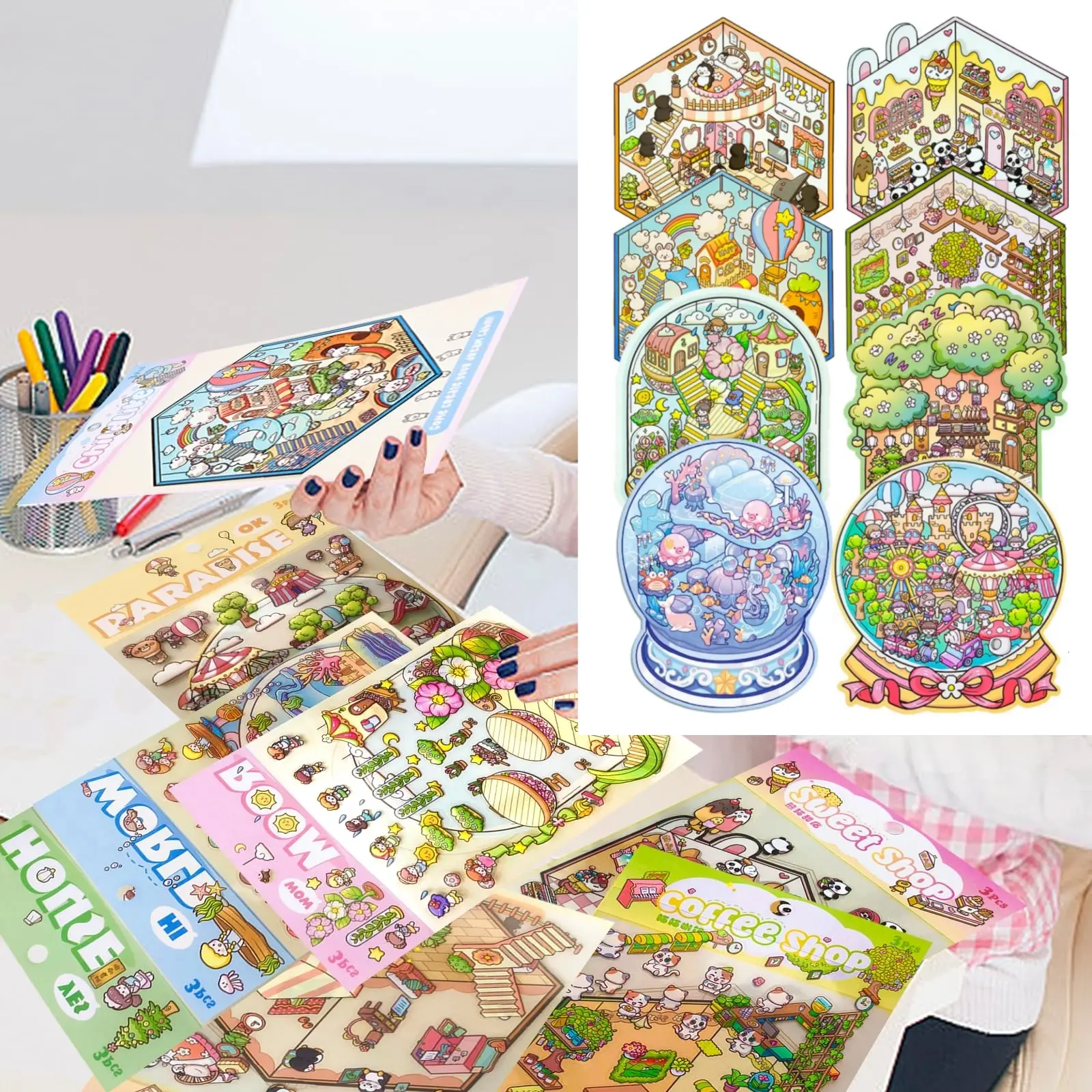 Sticker Activity, 8PCS DIY 3D Scene Stickers, Reusable Sticker, Mix and Match Creative Sets, Waterproof for All Surfaces, Craft Supplies & Party Favors