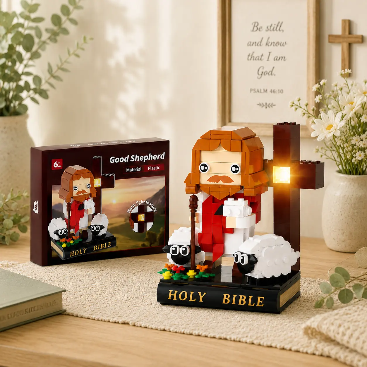 Christian Theme Jesus Good Shepherd Building Blocks Set - Swaledale Sheep, Cross, Holy Bible DIY Brick Model, Jesus Mini Figures, Small Figurines, Thoughtful Christian Holiday Gift for Ages 6+