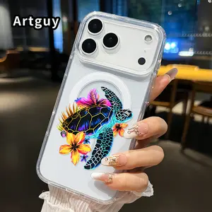 Turtle in Blooms Pattern Magnetic Phone Case for iPhone 17 16  Pro Max Plus 15 14 13 12 11 Air E Anti-Yellowing Shockproof Lightweight Transparent Acrylic Large Hole Soft Cover Supports Wireless Charging