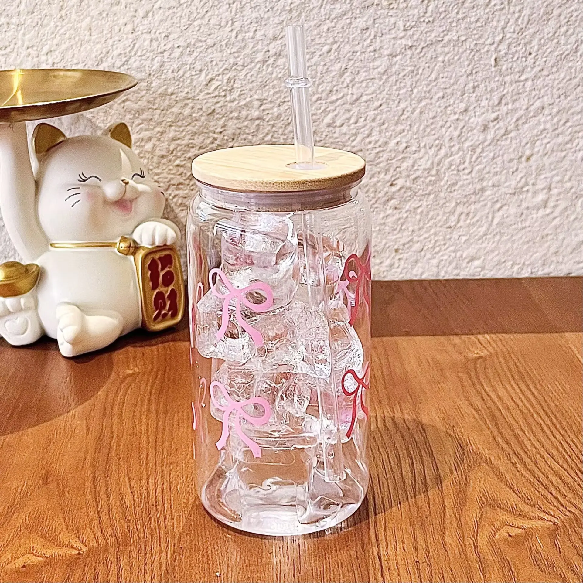 Coke Cup Bamboo Lid Straw Plastic Water Bottle 16oz Aesthetic Design, Cute Style Bow Pattern, Durable & Reusable Drinkware