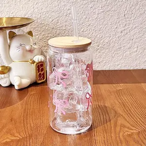Coke Cup Bamboo Lid Straw Plastic Water Bottle 16oz Aesthetic Design, Cute Style Bow Pattern, Durable & Reusable Drinkware