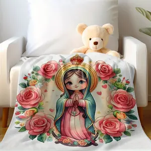 Virgin Mary Cartoon Flannel Blanket - Colorful Religious Design with Roses, Hearts, All-Season Warmth, Perfect Easter Gift, Cozy Throw Blankets
