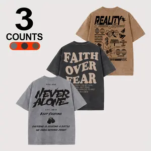 3-Pc Retro Distressed Oversized Tshirt | Faith Over Fear Never Alone Graphic Tees | 90s Streetwear Aesthetic Casual Tops | Trendy Y2K Clothing for Men Women