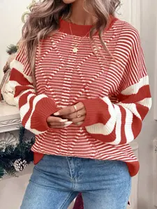 Women's Autumn Winter Fashion, Elegant Striped Knit Long Sleeve Pullover Sweater, Perfect for Christmas Holiday Wear