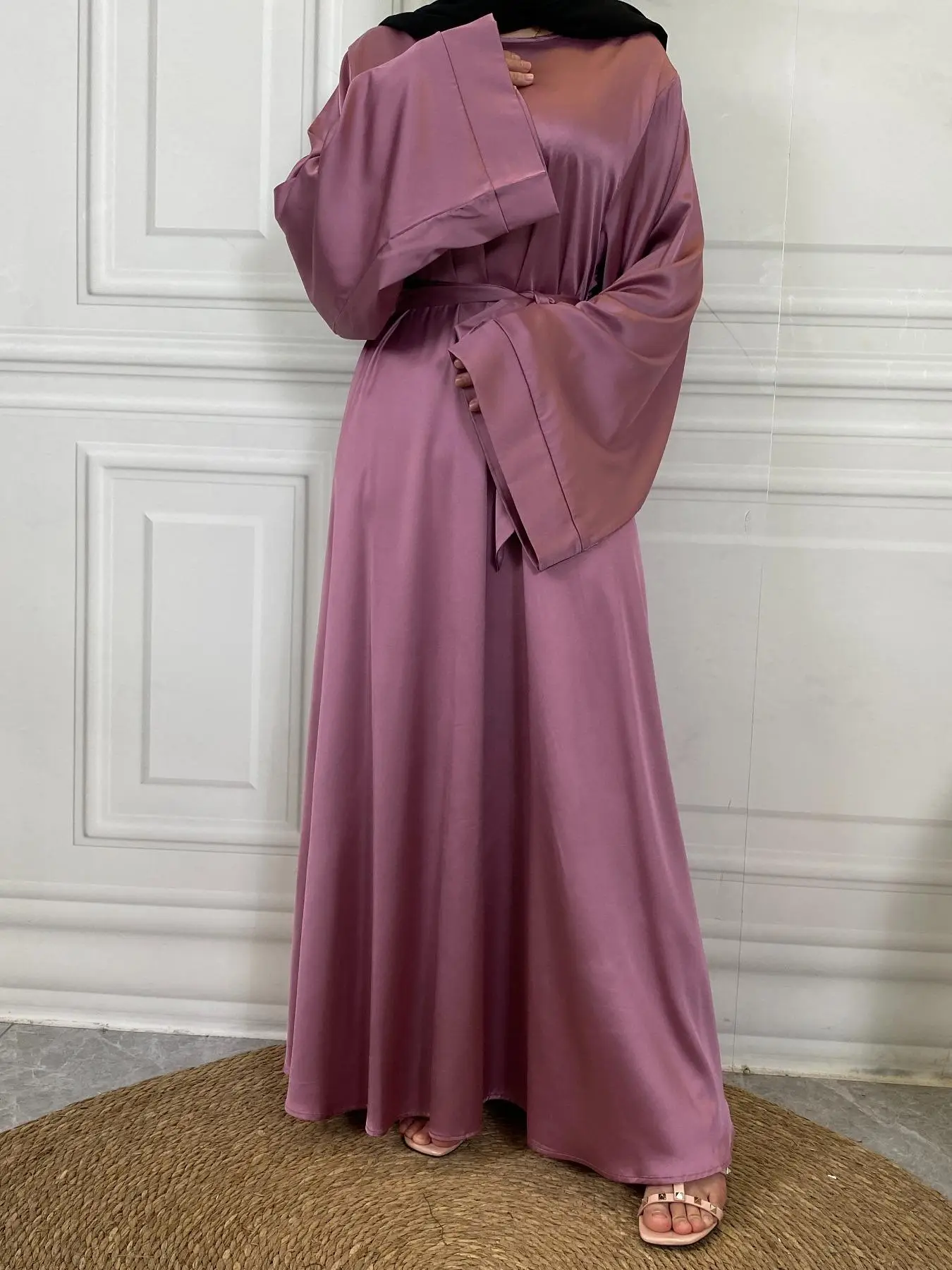 Women's Solid Color Long Sleeve Belted Dress, Casual Round Neck Dress for Daily Wear, Women's Islamic Clothing for Fall