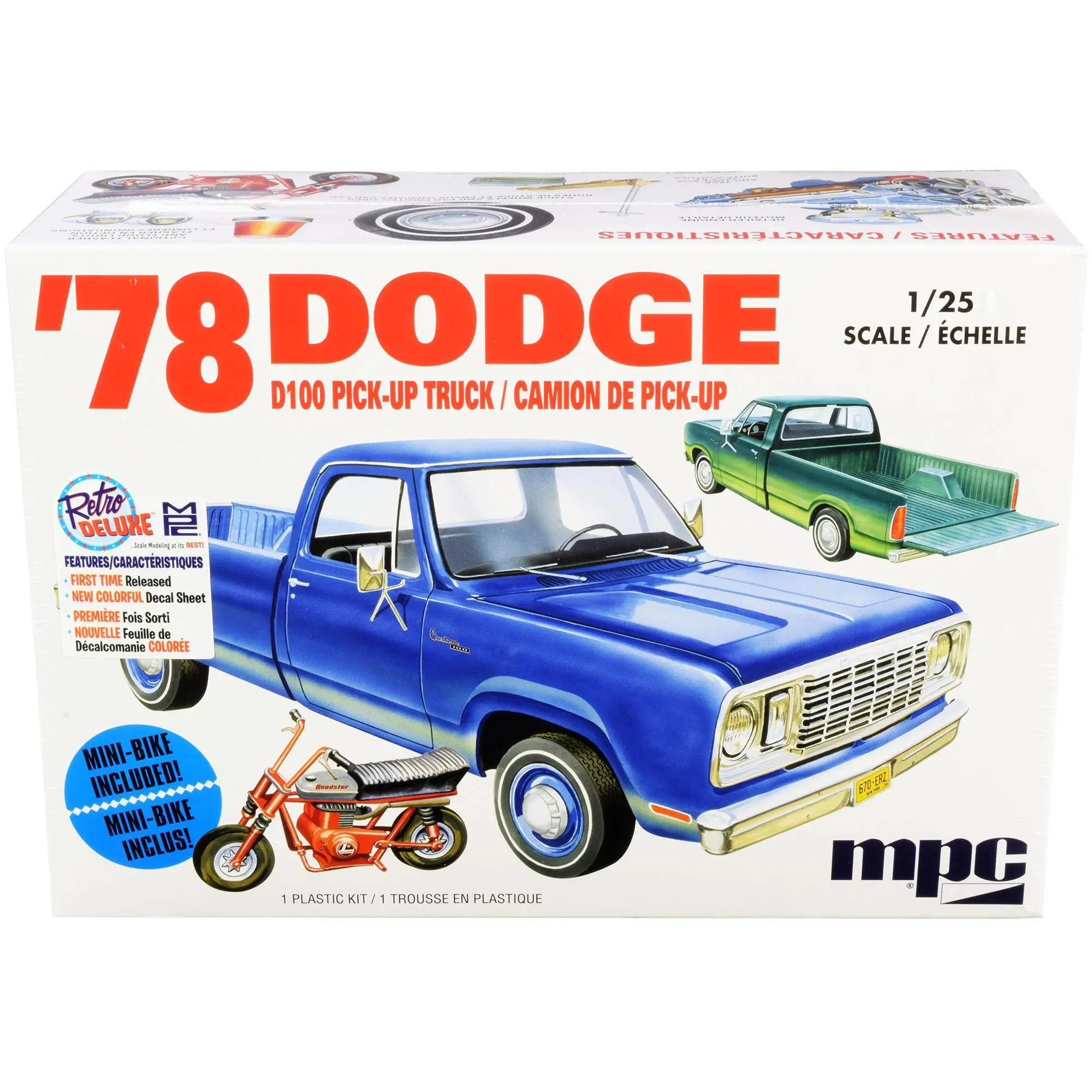 Skill 2 Model Kit 1978 Dodge D100 Pickup Truck with Mini Bike 1/25 Scale Model by MPC