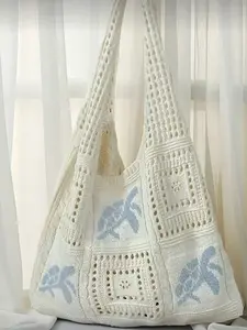 Women's Summer Beach Handbag, Turtle Pattern Crochet Design, Large Capacity Open Top Bag, Casual Tote Bag, Polyester, Casual Outdoors, Boho Style, Fashionable Bohemian Bag