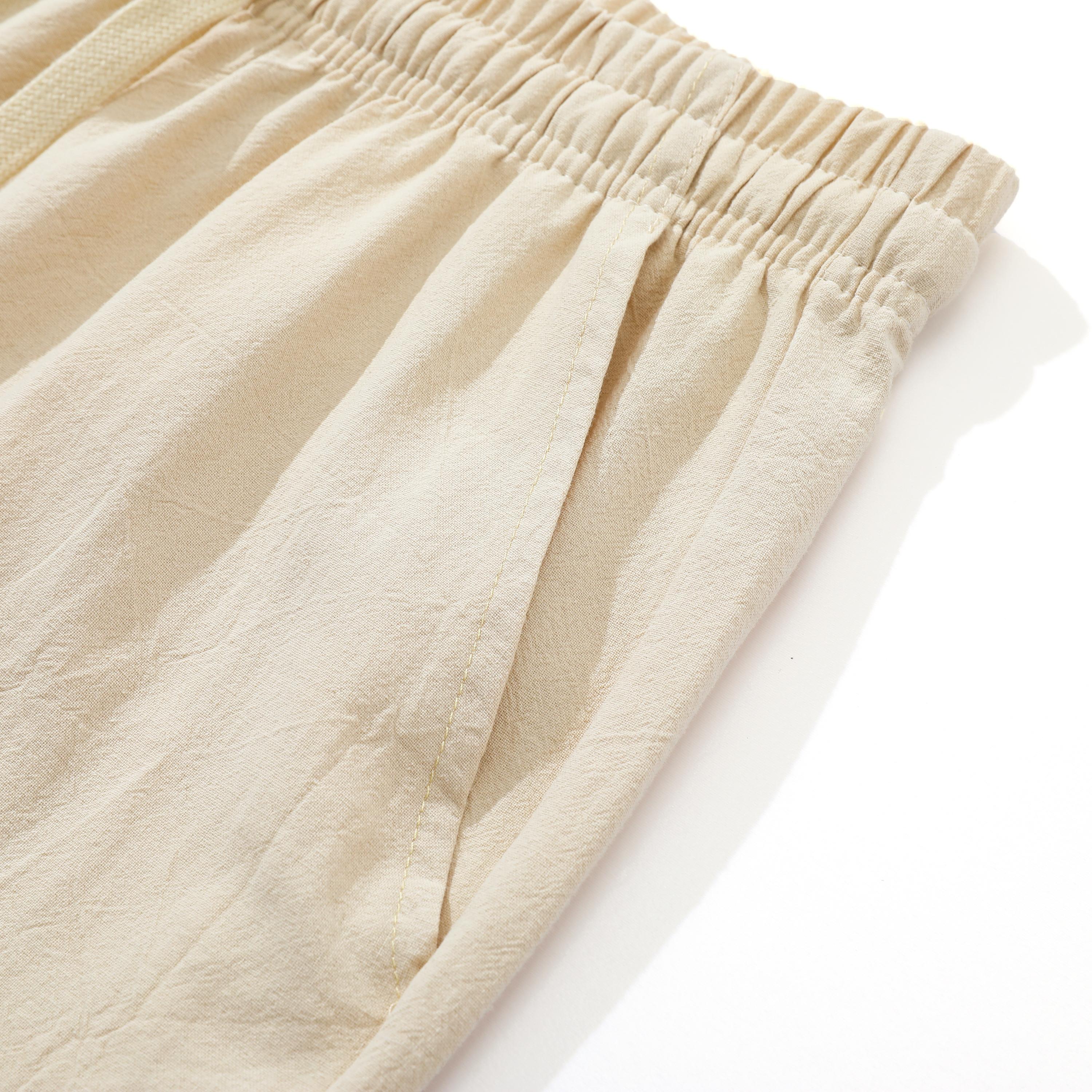 3pcs men’s wide-leg linen cotton pants, 100% cotton, elastic waist with drawstring, loose casual trousers