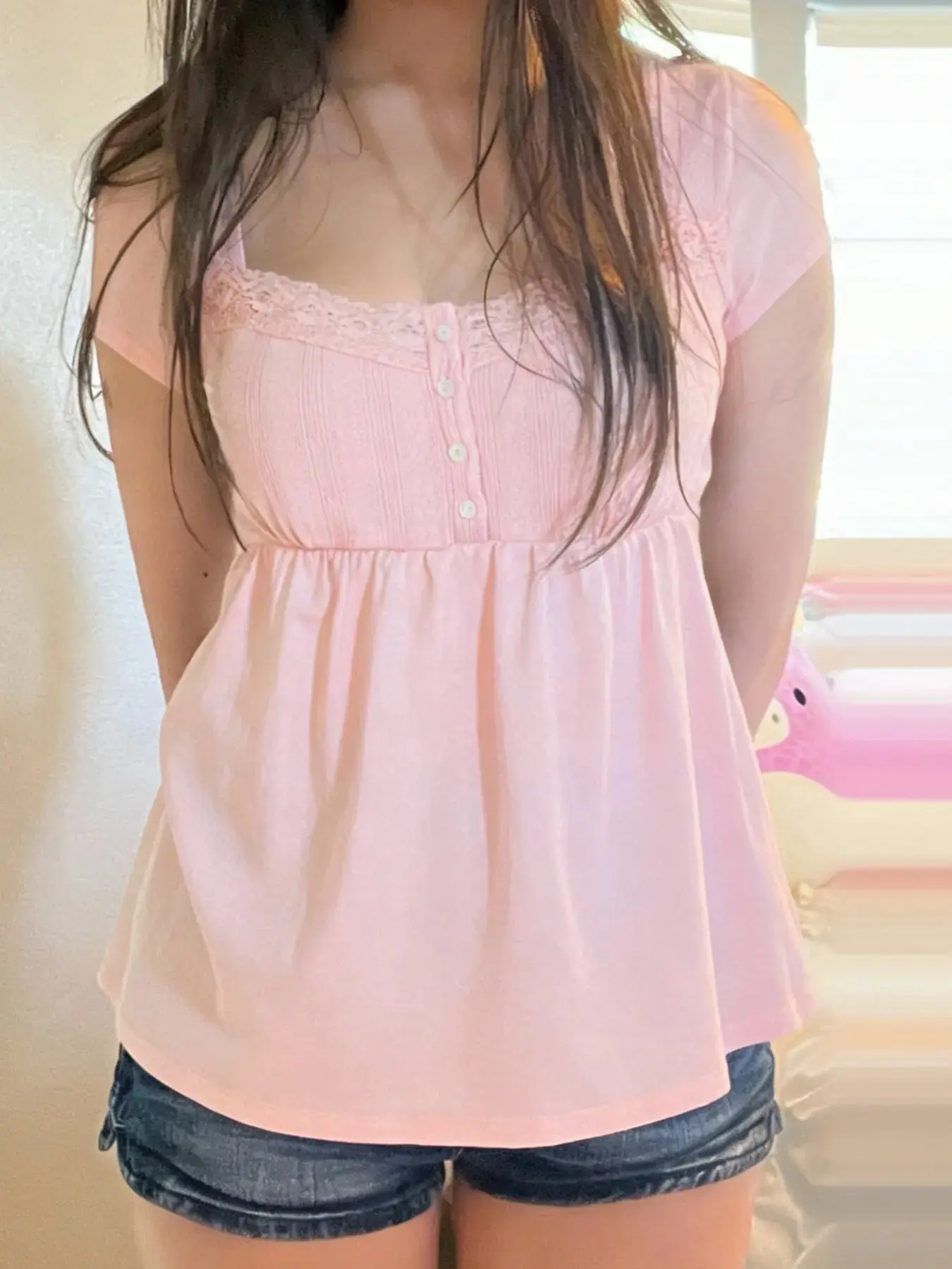 Women's Summer Lace Trim Square Neck Button Front Loose Fit Sweet Cute Chic Knit Casual Top Blouse, Short Sleeve Solid Pattern Without Collar Shirts