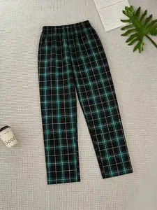 Green Black Plaid Wide Leg Pants, High Waist Casual Trousers, Elastic Waist Loose Bottoms, Ideal for Streetwear, Daily Outfits & Home Wear, Comfortable Relaxed Fit Plaid Pants, Trendy Women's Casual Wear