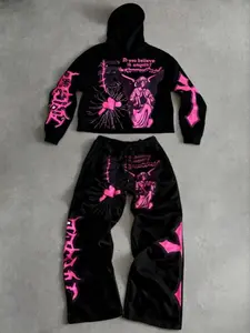 Men's Hoodie and Pants Set, Angel Graphic, Loose Fit, Fleece Lined, Long Sleeve, Casual Streetwear, Fall Winter