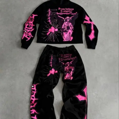 Men's Hoodie and Pants Set, Angel Graphic, Geometric, Loose Fit, Fleece Lined, Long Sleeve, Casual Streetwear, Fall Winter, Matching Set