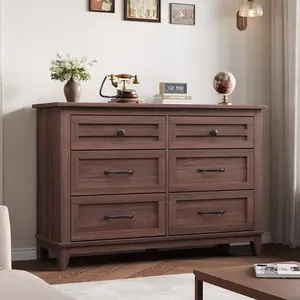 Versatile Classic Dark Brown Wooden Dresser with 6 Drawers, Elegant Cabinet for Living Room, Bedroom, Modern Storage Cupboard Cupboard Furniture