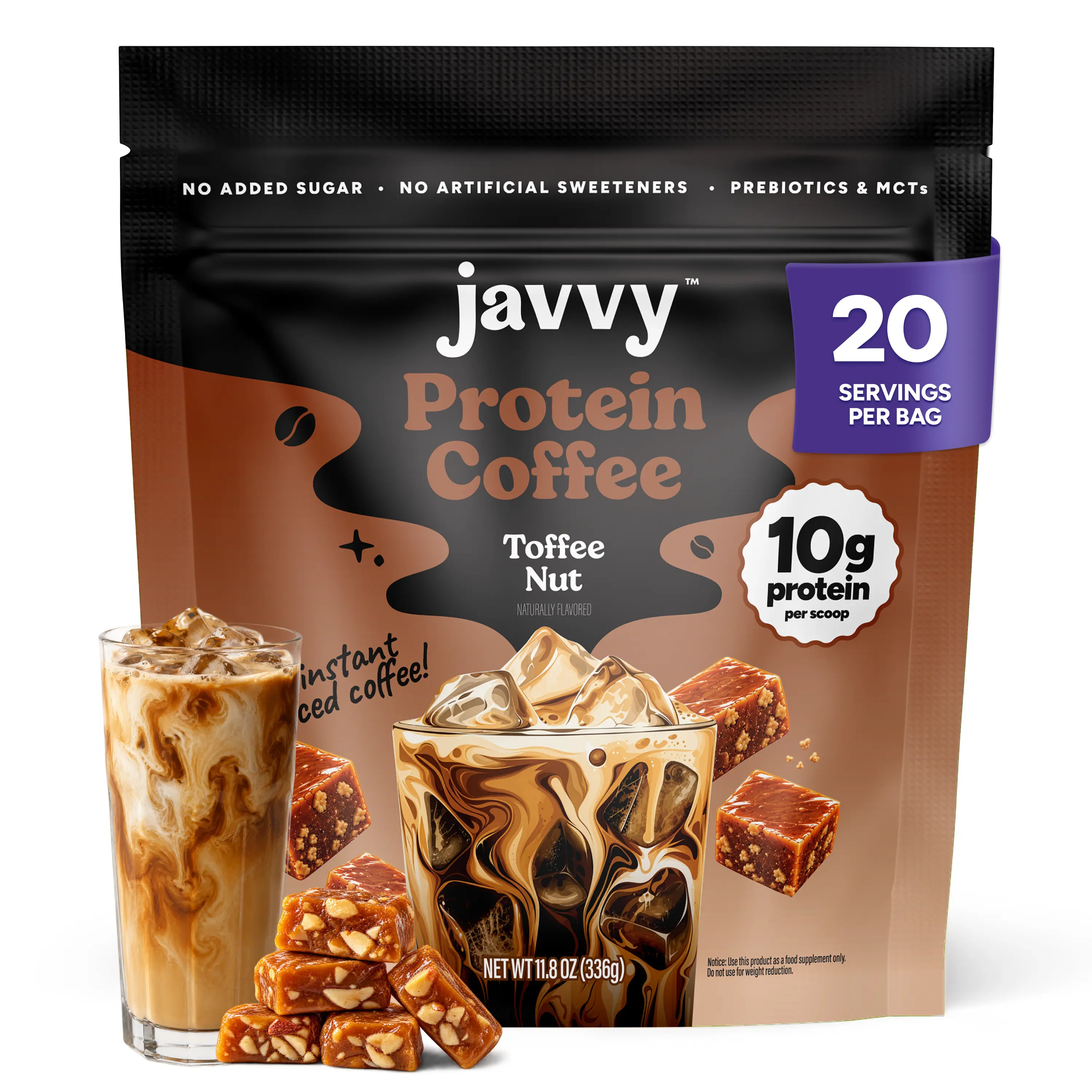 Javvy Toffee Nut Protein Iced Coffee Premium Whey Protein & Instant Iced Coffees - 100% Natural Cold Brew - Zero Artificial Flavors & Sweeteners, 80 mg Caffeine, No Added Sugar, 20 Servings