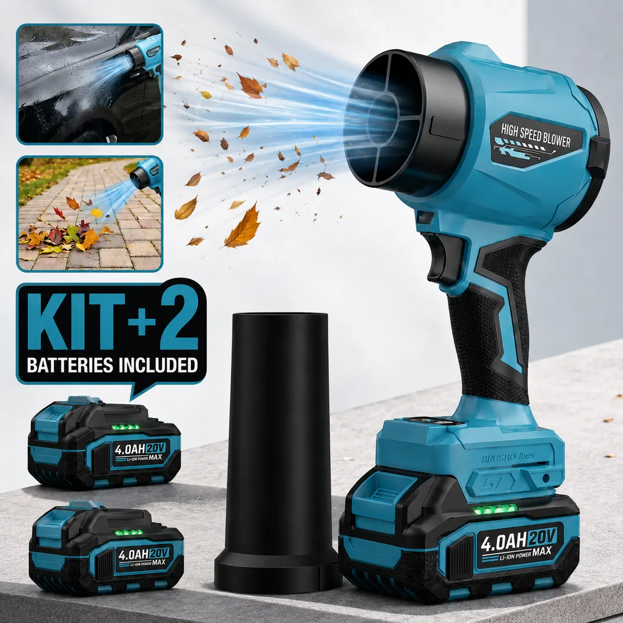 VERVEWAVE 20V Rechargeable Lightweight Cordless Handheld Blower - 1000G Thrust High-Speed Fan, Outdoor Garden Leaf Blowing Tool, Car Air Duster with 2 Batteries, Portable Blowers