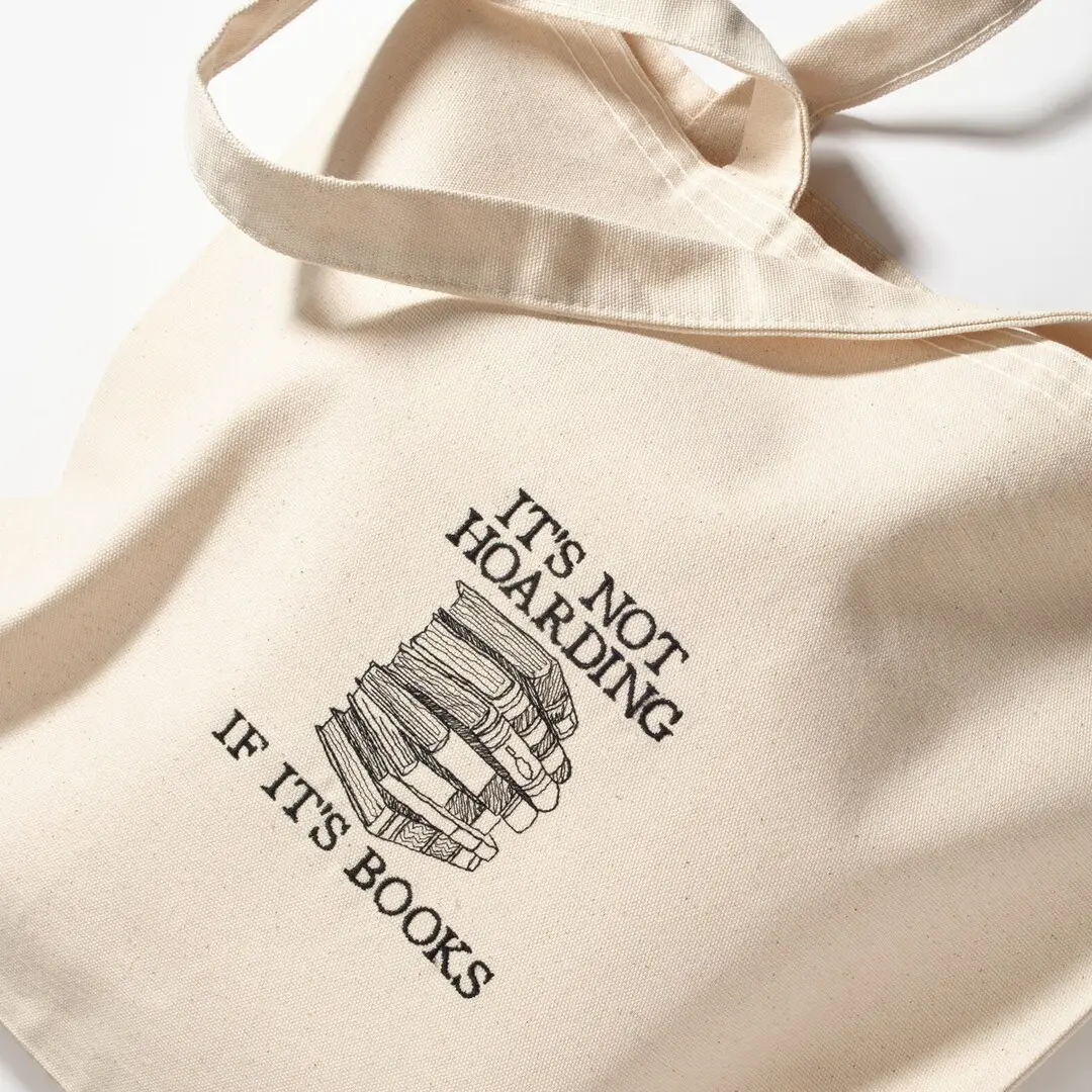 It's Not Hoarding If It's Books Embroidered Tote Bag/ Gift For Book Lovers/ Bookish Tote Bag/ Cute Embroidered Tote Bag With Books