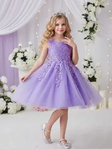 Girls Party Dress, Princess Seraphina Dress, Lace & Chiffon Princess Style, Tight-Fit Floral Design, Floral Embroidery Dress, Tulle Overlay Dress, Perfect for Flower Girls, Weddings, Piano Performances