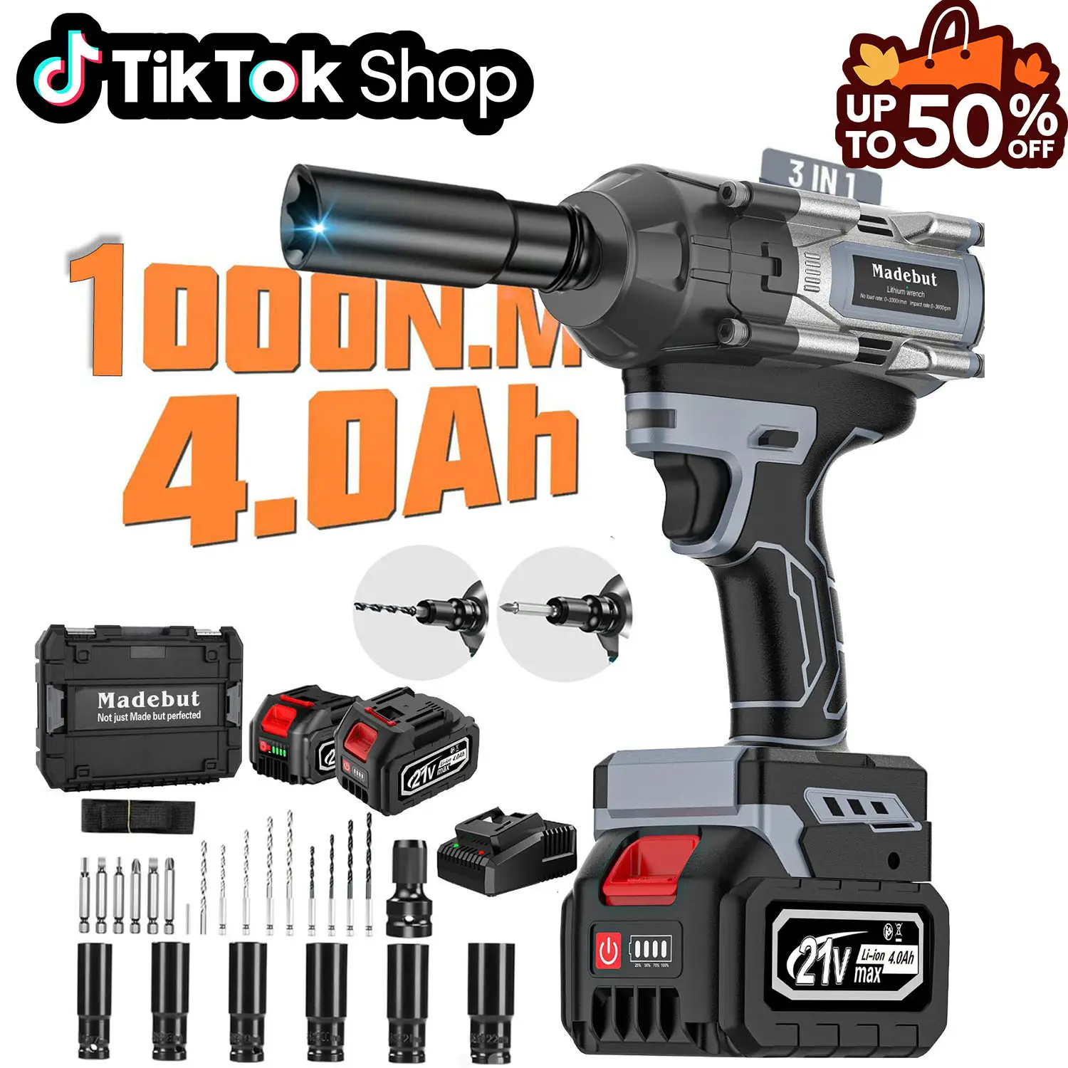 1000N.m Cordless Impact Wrench, Cordless Impact with 2 * 4.0Mah, 3-IN-1 Electric Impact Wrench with 5 Sleeves, High Torque 1/2 Impact Wrench