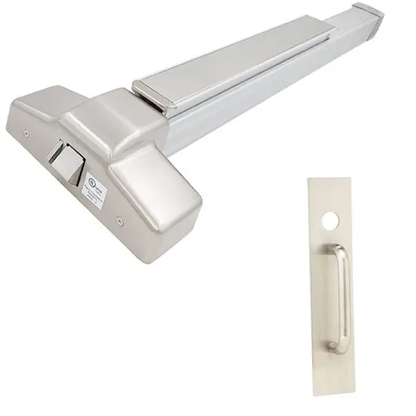 Crash Bar Heavy-Duty Grade-1 4' Rim Exit Device with Motorized Latch Retraction, Night Latch Trim & Schlage Cylinder – Satin Stainless Steel