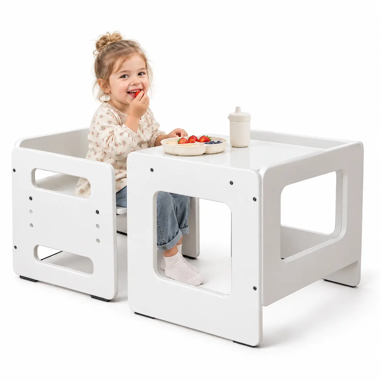 Montessori Toddler Table and Chair Set, Adjustable Height Kids Weaning Table with Reversible Cube Chair, Wooden Activity Desk for Eating, Reading, Drawing and Play, White