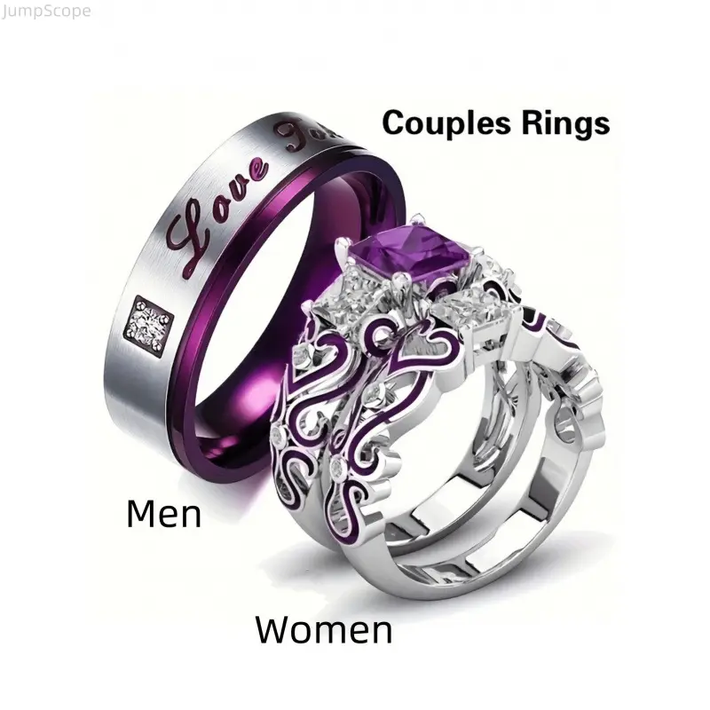 His & Hers Beautiful Rings Matching Set - Purple Cubic Zirconia, Stainless Steel Engraved Couple Wedding Rings, Love Gift for Husband and Wife Indoor Leisure Use
