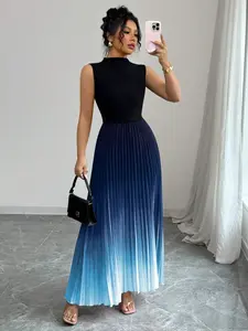 Round Neck Sleeveless Patchwork Print Pleated Lightweight Dress, Womenswear, Stylish Women's Casual Wear, Perfect for Lady Daily Wear, Comfortable and Trendy