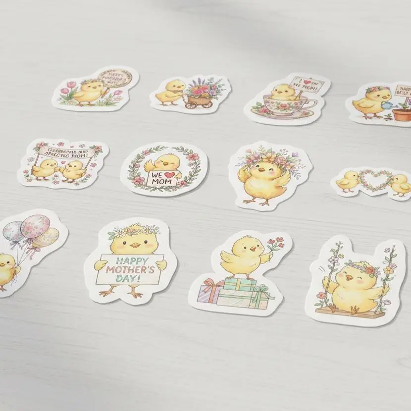 12 Pack Vinyl Sticker Set, Mother's Day Chick, Cute Baby Chicken holding Signs, Pastel Floral Garden Art, Sunflowers, Teacup, Gift for Mama