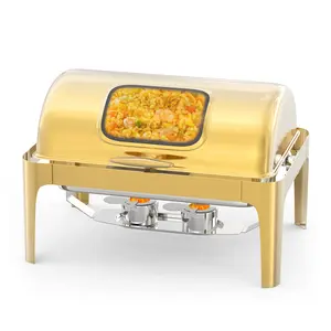 9QT Stainless Steel Roll Top Chafing Dish, Full Size Commercial Buffet Food Warmer, Clear View Lid with 90°/180° Opening Angle, Complete Set with Water Pan, Support Stand and Fuel Holder, Professional Catering Serving Equipment