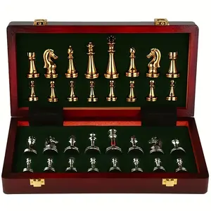 [Vintage Chess] Yernea Vintage Chess Game Set, 1 Set | 11.8" Folding Wooden Board, High-Quality Metal Zinc Alloy Pieces, Classic Strategy Game, Yellow and Grey, Creative Material