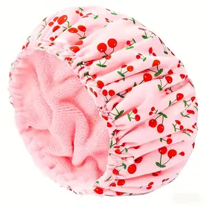 Unisex 3Pcs Adjustable Waterproof Shower Cap Set, European Style Polyester Anti-Fog Microfiber Cherry Hair Care Bathroom Kit