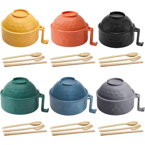 6 Sets Microwave Ramen Bowl Bulk 40 oz Wheat Straw  Ramen Cooker Set Portable Noodle Cooker with Handle Spoon Chopsticks Fork for College Dorm Room  (Elegant Colors)