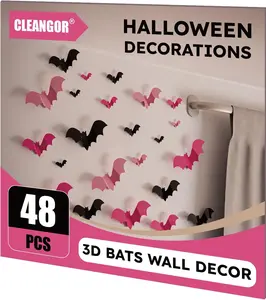 CLEANGOR 48-Piece 3D Bat Wall Decor - Spooky Halloween Decorations for Parties Home Office & School Easy to Apply Bat Stickers for Doors Windows & Rooms Waterproof Foldable Wings Perfect for Haunted Houses & Spooky Photo Backdrops - Decorative