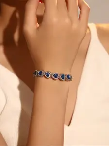 Vintage Sapphire Blue Heart Rhinestone Decorated Bracelet, Elegant Women's Party Evening Style Jewelry Gift for Female Friends, Heart Design Bracelet