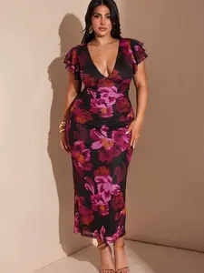 Plus Size Floral Long Fitted Dress | V-Neck Elegant | Party Fall Wedding Guest Style