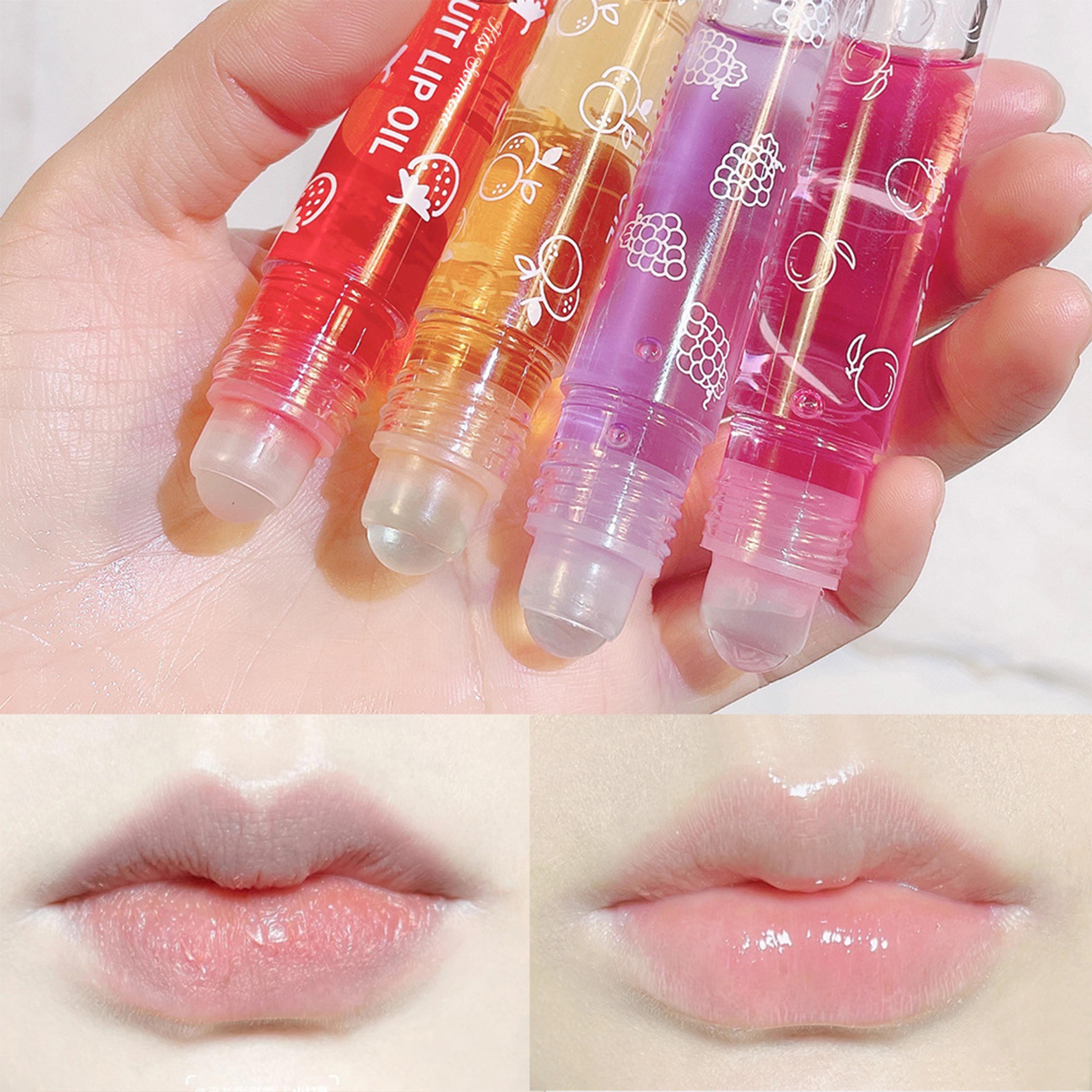 Hydrating Lip Oil Roller Gloss Juicy Glass Lips Non Sticky Moisturizing Lip Care Fruit Flavor Lip Gloss for Dry Lips Long Lasting Shine Strawberry Peach Grape Cherry