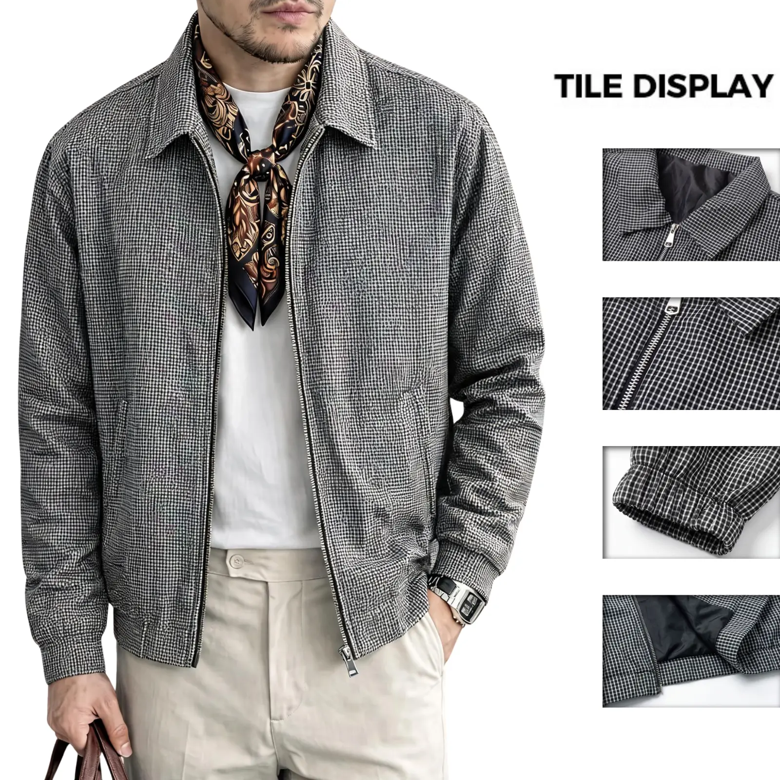 Men’s short jacket with a fine herringbone check pattern, notched lapel, full zip front, side pockets—ideal for everyday commuting