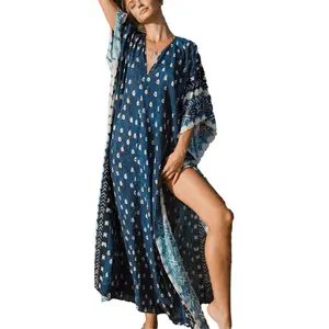Blue V-Neck Momo Dresses Beach Cover Ups Water Drop Kaftan Dresses for Women - Plus Size Kaftans, Baati Dresses, Swimsuit Cover Ups, Bohemian Beach Dress