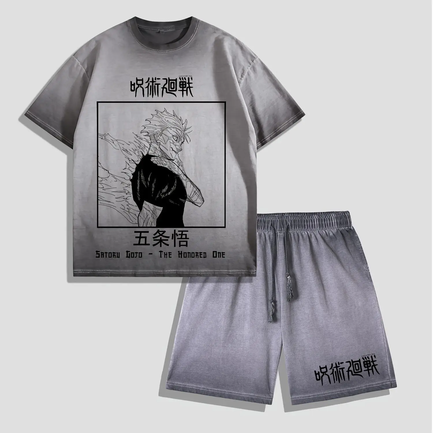 Jujutsu Kaisen Satoru Gojo Washed T-Shirt Shorts Set, Vintage Anime Streetwear, Oversized The Strongest Jujutsu Sorcerer Outfit